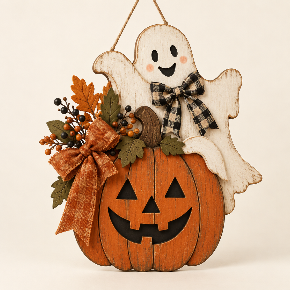 Vintage Pumpkin and Ghost Halloween Door Hanger hero image
