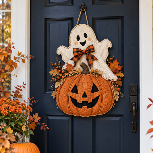 Vintage Pumpkin and Ghost Halloween Door Hanger lifestyle image