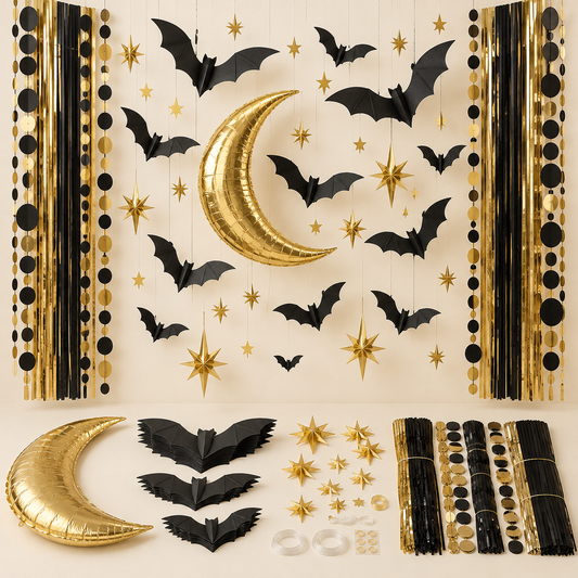 Black & Gold Bat Halloween Party Backdrop Set — hero concept image