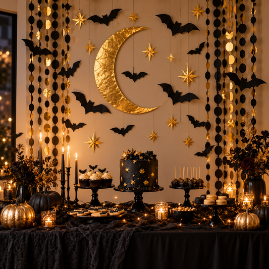 Black & Gold Bat Halloween Party Backdrop Set — lifestyle concept image