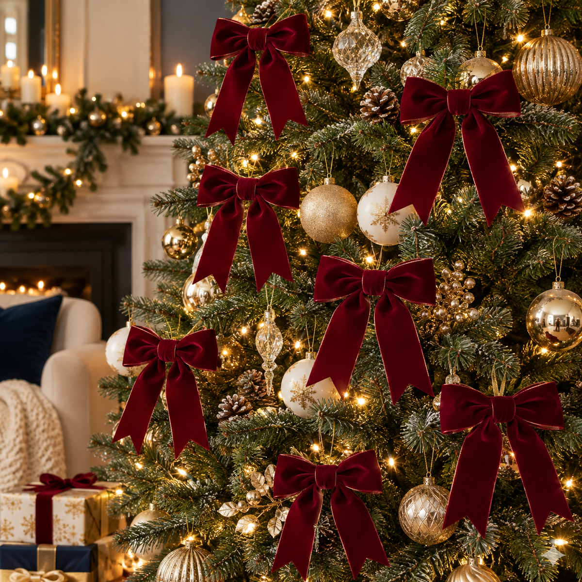 Velvet Bow Christmas Tree Ornament Set — lifestyle concept image