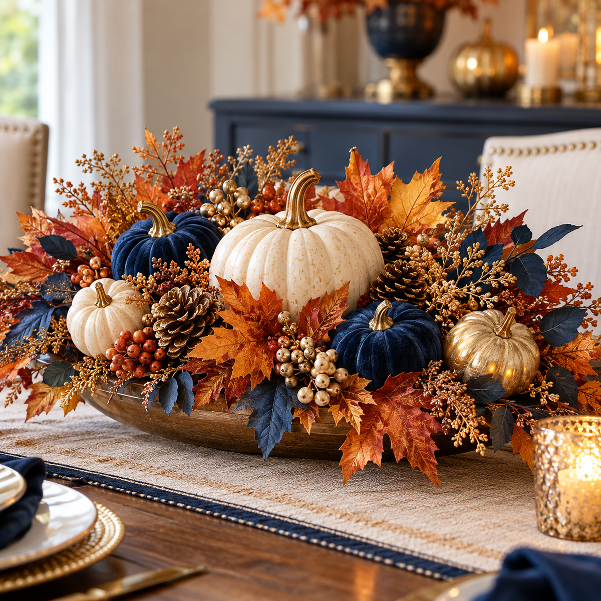 Autumn Leaf & Pumpkin Thanksgiving Centerpiece — detail concept image