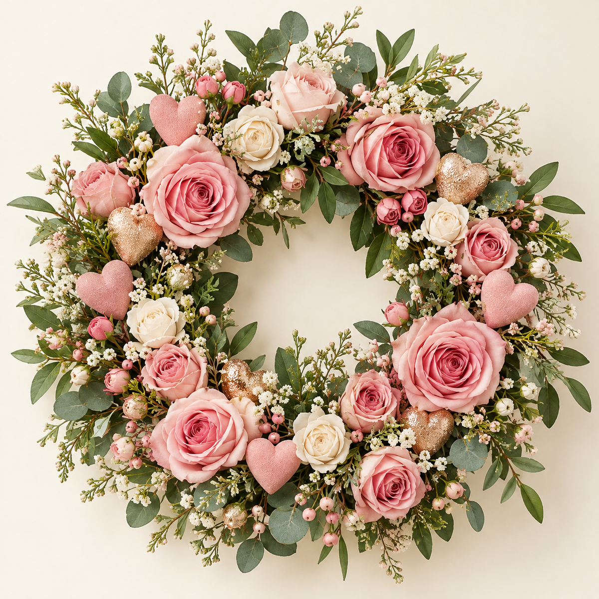 Pink Rose & Heart Valentine's Wreath — hero concept image