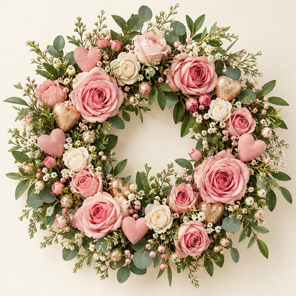 Pink Rose & Heart Valentine's Wreath — hero concept image