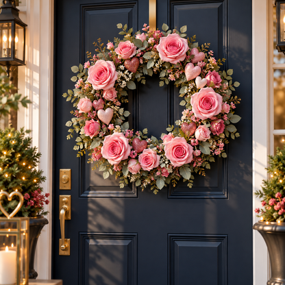 Pink Rose & Heart Valentine's Wreath — lifestyle concept image